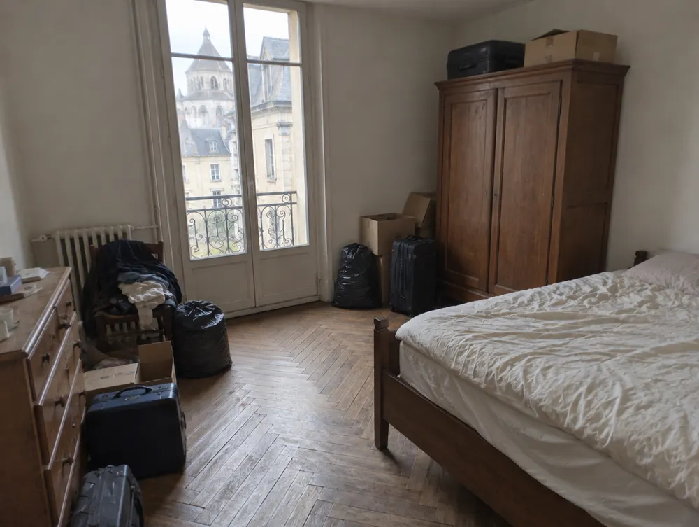 Avant : chambre d'appartement pleine de meubles et de sacs