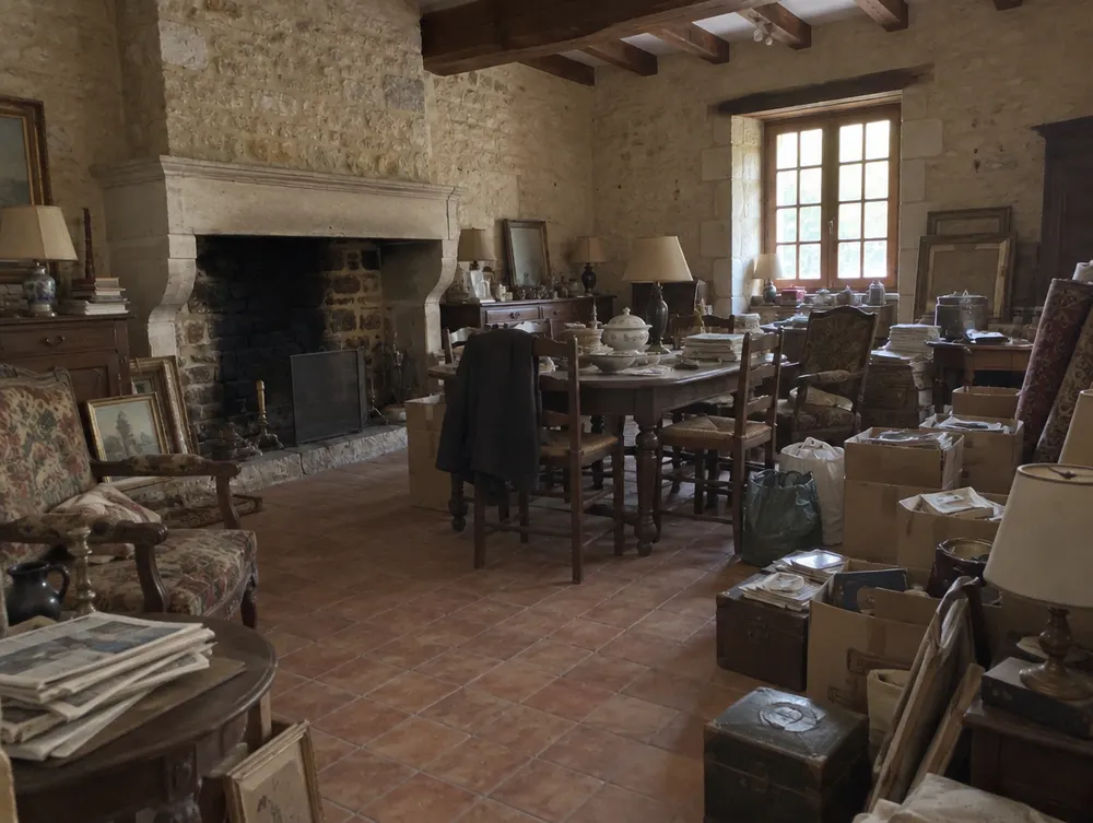 Avant : salon d'une maison en pierre encombré de meubles et de cartons